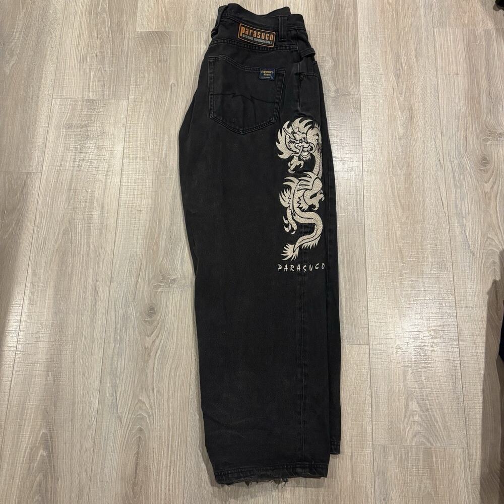 Vintage Parasuco Jeans Mens 34x30 Black Denim Baggy Dragon Embroidered Y2K JNCO